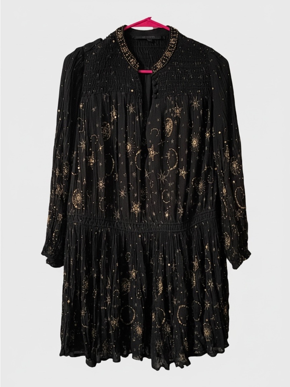 All Saints Black Isobella Selene Dress with Gold Celestial Print - Sz 6